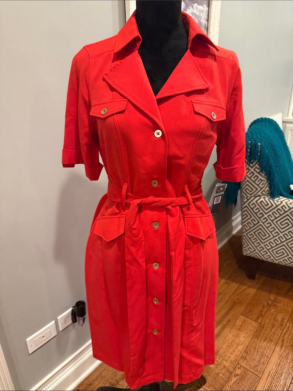 Orange sharagano button down dress with shirt sleeves. Size 8 NWT.